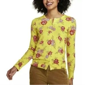 LANDS' END FLORAL YELLOW CARDIGAN 100% SUPIMA COTTON.SIZE LARGE/ PETITE..